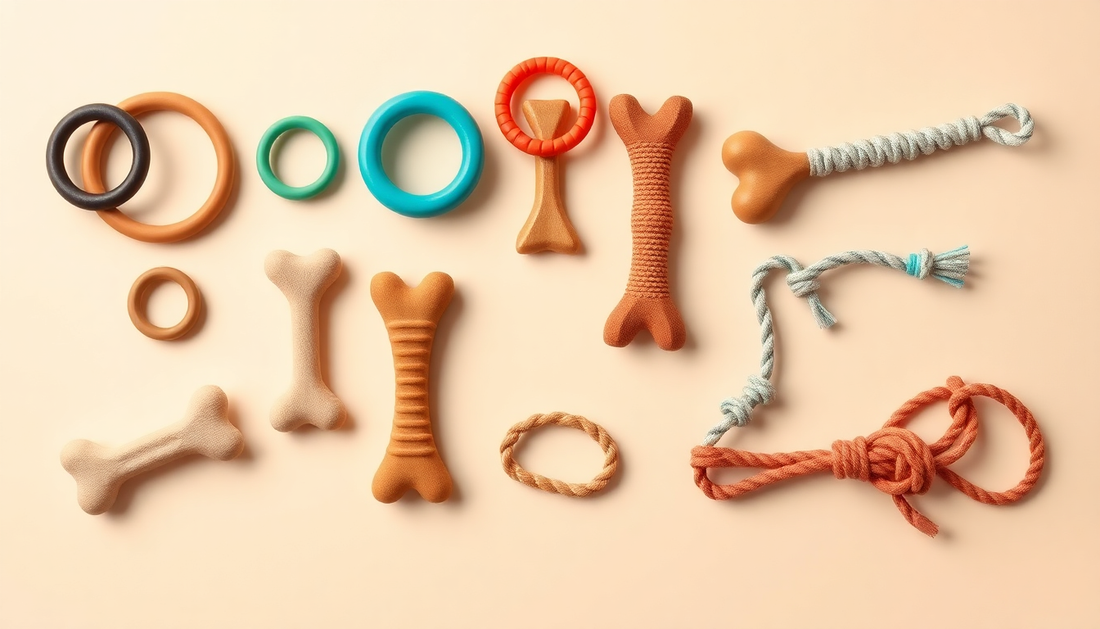 “Grid of dog chew toys arranged by size and chew strength—rubber, nylon, rope, and an edible dental chew—on a neutral background.”