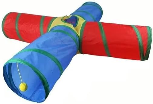 Cat Toys - 4-Way Tunnel for Indoor Cats with Peek Hole & 2 Mice - Large Foldable Rainbow Tube with Hanging Ball for Kittens, Rabbits, Small Dogs - Ideal Cat Toy