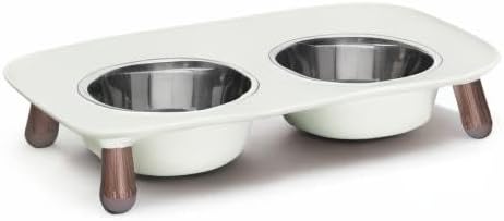 Messy Mutts Elevated Double Feeder with Stainless Bowls | Adjustable Height 3”, 5”, or 10” | Adjustable Standing Feeder for Dogs | 5 Cups per Bowl | Light Grey with Faux Wood Legs