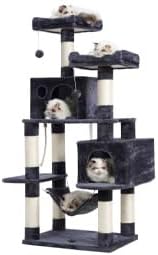 Hey-brother Large Multi-Level Cat Tree Condo Furniture with Sisal-Covered Scratching Posts, 2 Bigger Plush Condos, Perch Hammock for Kittens, Cats and Pets Smoky Gray MPJ020G