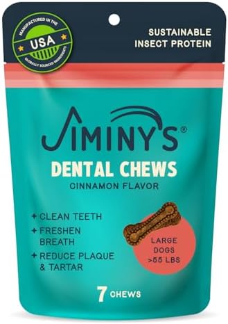 Jiminy's Dental Chews for Dogs, Cinnamon Flavor, Scientifically Proven to Improve Oral Health, Dental Bones Clean Teeth, Fight Bad Breath, and Removes Plaque and Tartar, Large, 7ct (Pack of 6)