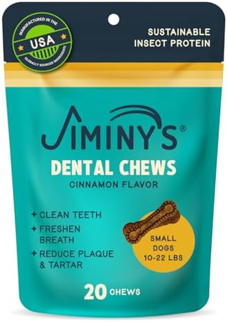 Jiminy's Dental Chews for Dogs, Cinnamon Flavor, Scientifically Proven to Improve Oral Health, Dental Bones Clean Teeth, Fight Bad Breath, and Removes Plaque and Tartar, Small, 20ct (Pack of 6)