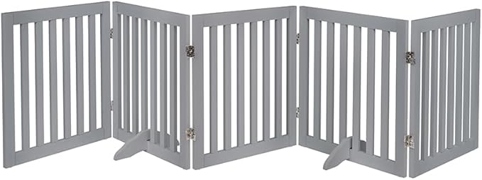 unipaws 24”H Free Standing Pet Gate for Dogs and Cats, Wooden Dog Gates for Doorway, Stairs, Dog Room Divider, Step Over Foldable Pet Fence for The House, Expandable Barrier, Indoor Use, Grey