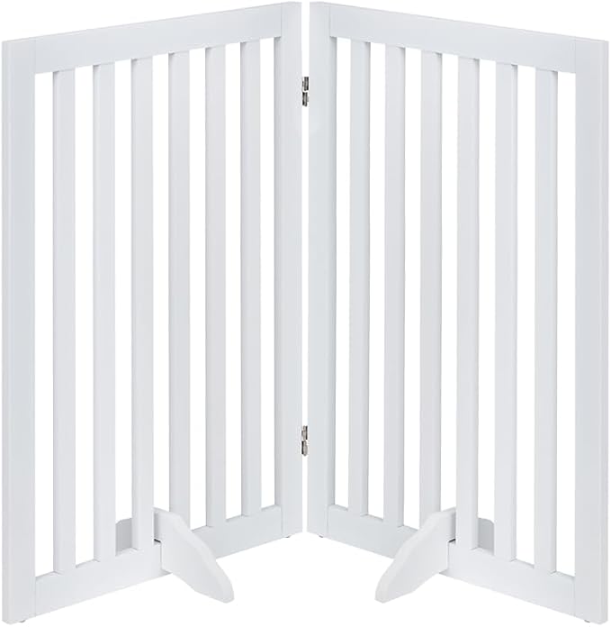unipaws 36”H Free Standing Pet Gate for Dog and Cat, Wooden Dog Gates for Doorway, Stairs, Room Divider, Step Over Foldable Pet Fence for The House, Expandable Barrier, Indoor Use, White