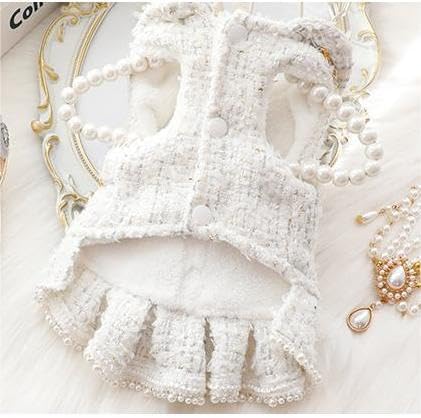 Pet Dress with Pearl Buttons, White Tweed with Black Bow and Rose Embellishments, Small Dog and cat Princess Outfit (White, Large)