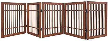Pet Dog Gate Strong and Durable Freestanding Folding Acacia Hardwood Portable Wooden Fence Indoors or Outdoors by Urnporium (Brown Pet Gate, 5 Panel 24" Tall)