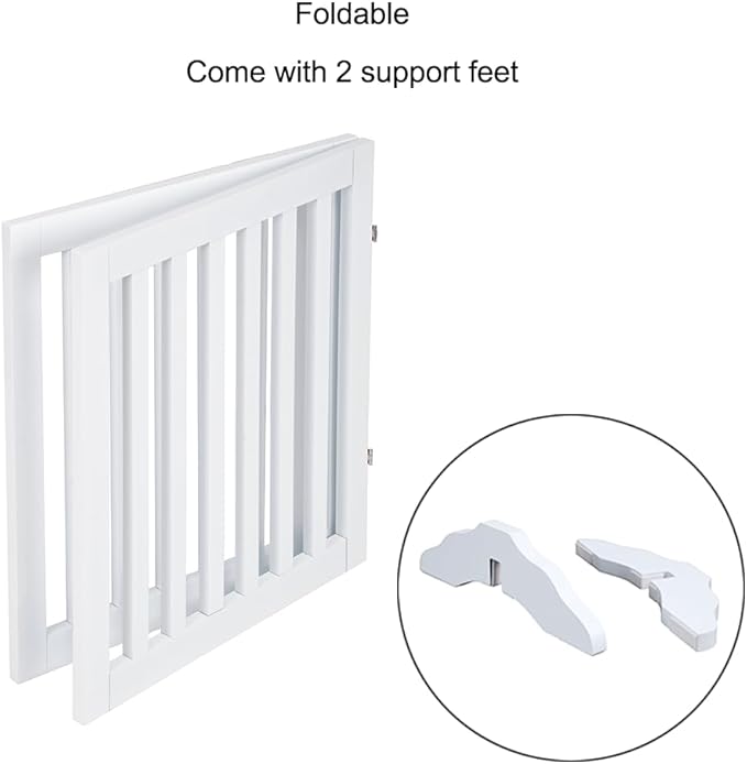 unipaws 24”H Free Standing Pet Gate for Dog Cat, Wooden Dog Gates for Doorway, Stairs, Step Over Foldable Pet Fence for The House, Expandable Doggy Barrier, Indoor Use, White