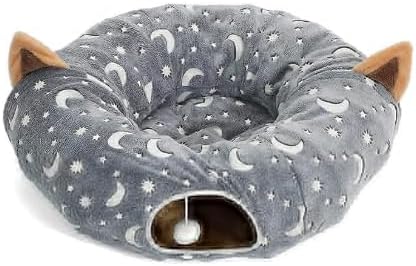 LUCKITTY Cat Tunnel Bed Under Christmas Tree with Plush Ball Toy Playground Crinkle Collapsible Self-Luminous Flannel Fabric 3FT for Large Cats Kittens Kitty Small Animals Puppy Grey Moon Star