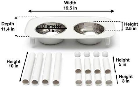Messy Mutts Elevated Double Feeder with Stainless Bowls | Adjustable Height 3”, 5”, or 10” | Adjustable Standing Feeder for Dogs | 5 Cups per Bowl | Light Grey