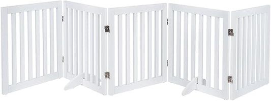 unipaws 24”H Free Standing Pet Gate for Dog and Cat, Wooden Dog Gates for Doorway, Stairs, Doggy Room Divider, Step Over Foldable Pet Fence for The House, Expandable Doggy Barrier, Indoor Use, White