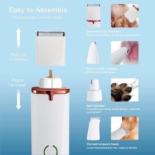 Dog Grooming Clippers Kit,Electric Rechargeable Cat Trimmer Tools,4 in 1 Multifunctional Low Noise Pet Shaver,Nail Grinder Haircutting System,Razor for Body Feet Paw Face Ears Nails Eyes,Hair Trimmer