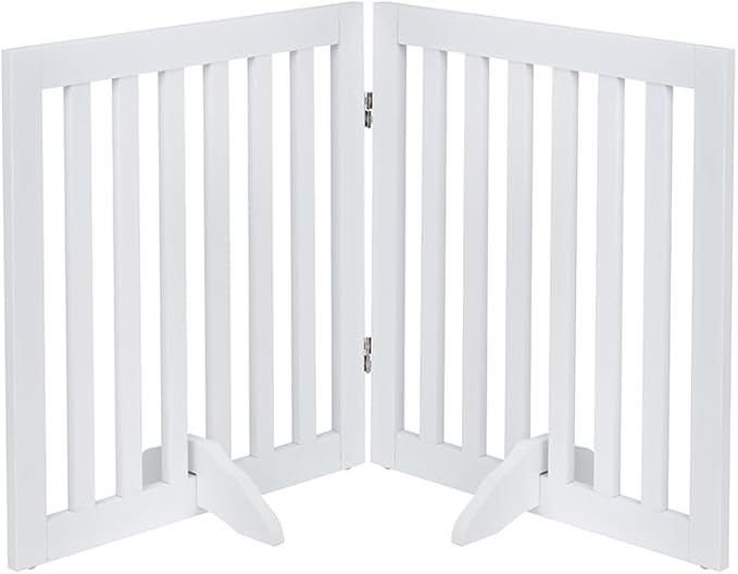 unipaws 24”H Free Standing Pet Gate for Dog Cat, Wooden Dog Gates for Doorway, Stairs, Step Over Foldable Pet Fence for The House, Expandable Doggy Barrier, Indoor Use, White
