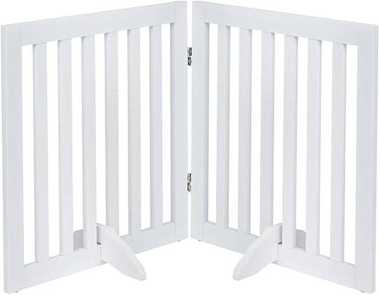 unipaws 24”H Free Standing Pet Gate for Dog Cat, Wooden Dog Gates for Doorway, Stairs, Step Over Foldable Pet Fence for The House, Expandable Doggy Barrier, Indoor Use, White