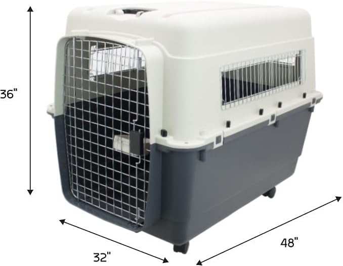 SportPet Designs Plastic Kennels Rolling Plastic Airline Approved Wire Door Travel Dog Crate, XXX-Large, Gray