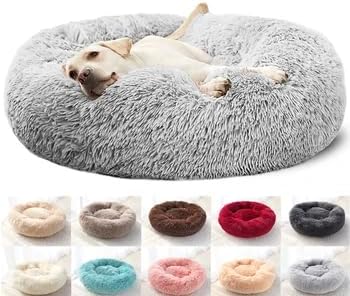 Original Calming Donut Dog and Cat Bed in Shag Fur, Dog Beds for Large Dogs, Anti Anxiety Round Fluffy Plush Faux Fur Pet Bed (Light Grey, 40x40)