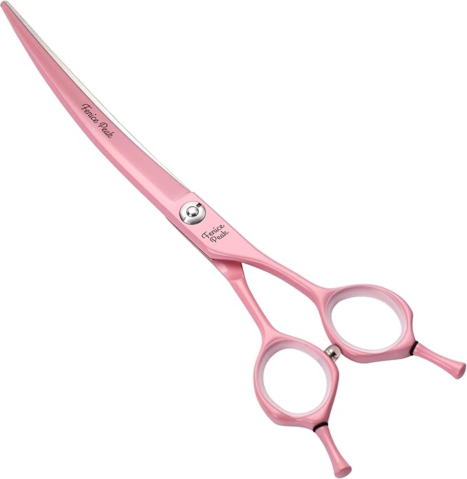 Fenice Peak Curved Dog Grooming Scissors with Pink Color Coating 440C Stainless Steel Pet Grooming Bending Shears Sharp and Durable Comfortable Engonomic Handle
