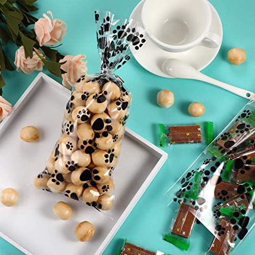 Blulu 100 Pieces Dog Treat Bags Puppy Party Favor Pet Paw Cone Cellophane Bags Candy Heat SealableDog Paw Gift with 100 Pieces Silver Twist Ties for Pet Cat Treat Party Favor(Black)