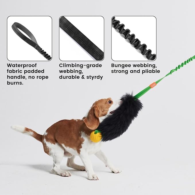 HOWGO Dog Rope Toy,Dog Bungee Chaser Toy 100% Sheepskin,Sheep Smell Tug Toy for All Breeds (Black, with Rubber Ball)
