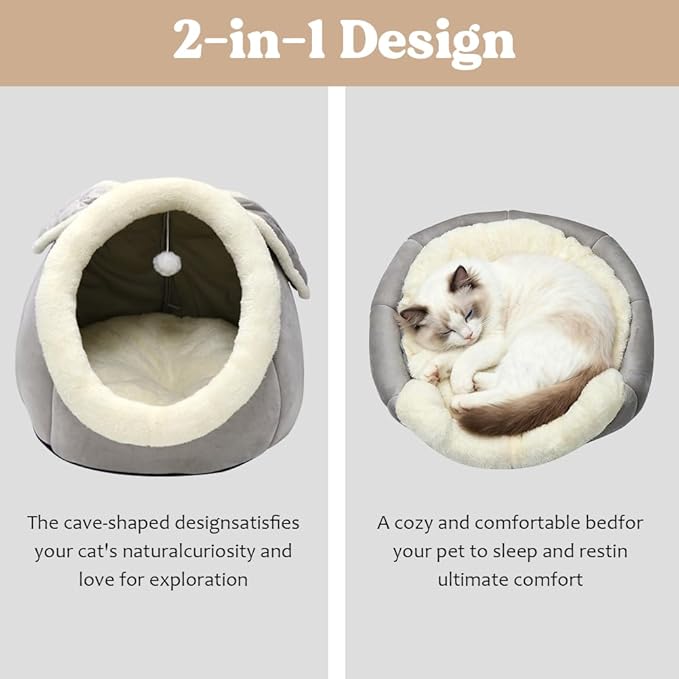 Cat Beds for Indoor Cats - Rabbit-Shaped Cat Cave Bed with Hanging Toy,Super Soft Calming Pet Bed for Kitten,Small Dog,Warm Plush&Machine Washable&Removable Cotton Pad,cat Hideaway