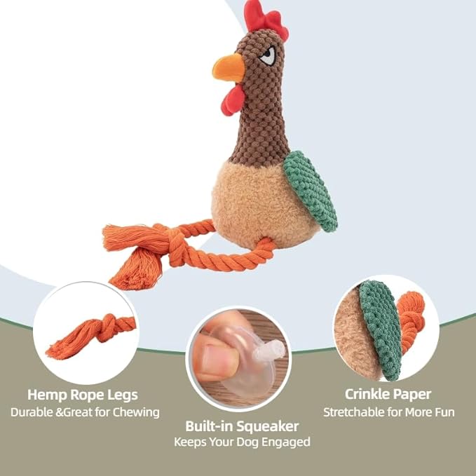Plush Rooster Dog Toy with Squeaker, Interactive Rope Legs for Small and Medium Dogs, Multicolor Tug and Fetch Chew Toy