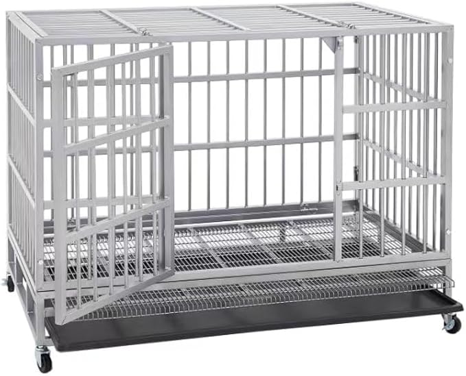 54/48/42/38 inch Heavy Duty Indestructible and Escape-Proof Dog Crate Cage Kennel for Large Dogs, High Anxiety Dog Crate with Removable Wire Trays and Wheels, Extra Large XL XXL, Silver