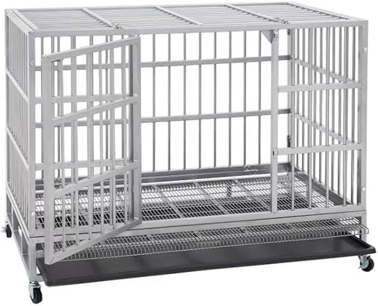 54/48/42/38 inch Heavy Duty Indestructible and Escape-Proof Dog Crate Cage Kennel for Large Dogs, High Anxiety Dog Crate with Removable Wire Trays and Wheels, Extra Large XL XXL, Silver
