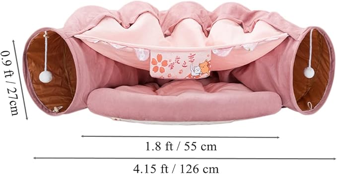 2 in 1 Cat Tunnel Bed Tube with Cushion and Plush Ball Toy Playground Crinkle Collapsible for Large Cats Kittens Kitty Puppy Small Dog Foldable Soft Pet Play Bed Indoor Outdoor- Pink Cat Tunnel Bed