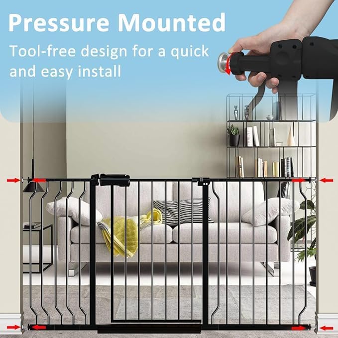 TSAYAWA Extra Wide Baby Gate with Door, 52.76~62.2 Inch Wide Presure Mounted No Drill Metal Auto Close Child Gate for Stair Doorway - Indoor Outdoor Safty Gate for Toddler Dog Doggie, Black