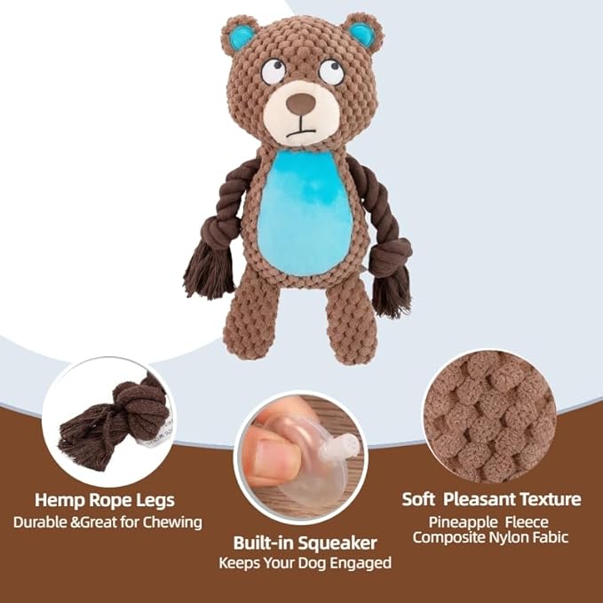 Plush Bear Dog Toy with Rope Arms, Squeaky Interactive Pet Toy, Brown and Blue, for Small & Medium Dogs