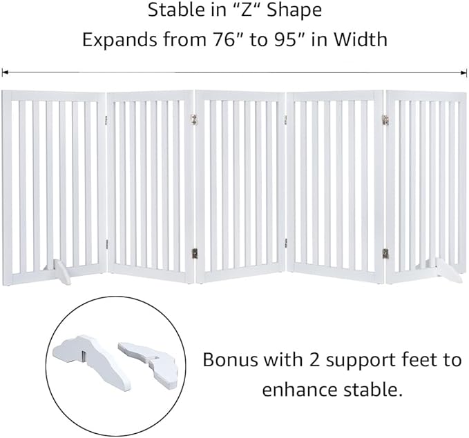 unipaws 36”H Free Standing Pet Gate for Dog and Cat, Tall Wooden Dog Gates for Doorway, Stairs, Doggy Room Divider, Foldable Pet Fence for The House, Expandable Doggy Barrier, Indoor Use, White