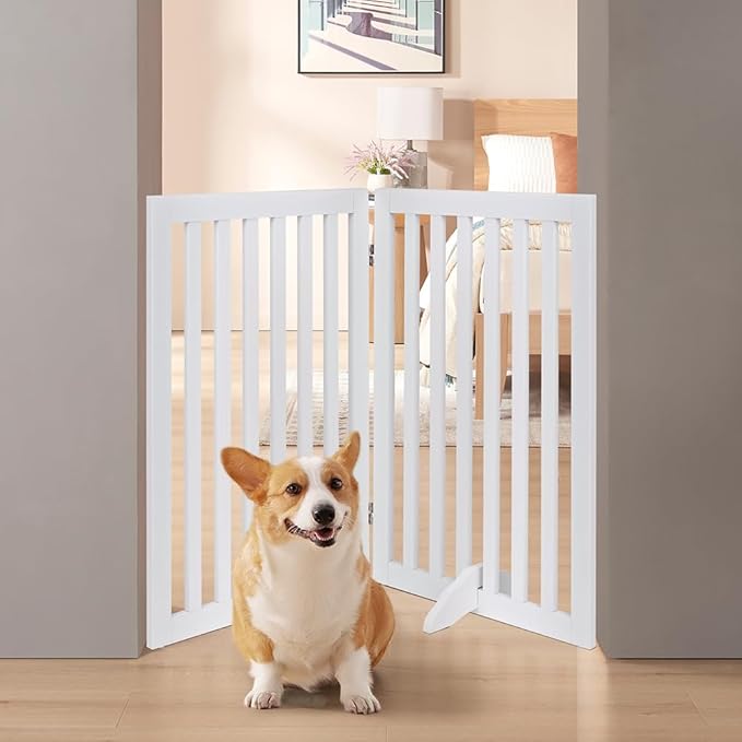 unipaws 36”H Free Standing Pet Gate for Dog and Cat, Wooden Dog Gates for Doorway, Stairs, Room Divider, Step Over Foldable Pet Fence for The House, Expandable Barrier, Indoor Use, White