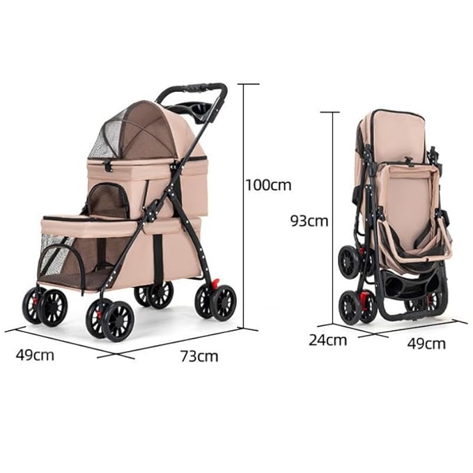 YYW Double Pet Stroller for Small Cats and Dogs, Foldable Kittens Puppies Travel Strolling Cart with 2 Carriages, Cup Holder & Lockable Wheels, Ideal for Multi-Pet Families(Khaki)