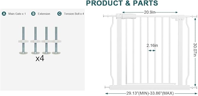 Narrow Baby Gate for Narrow Doorways Small White Tension Indoor Safety Gates Auto Close Walk Through Metal Dog Gate for The House Doorways Stairs (29.13"-33.86"/74-86CM, White)