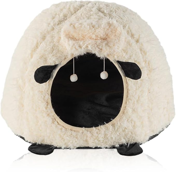 Cute Cat Bed Cave for Indoor Sheep Shaped Pet Plush House Self-Warming Nest Small Dogs Rabbits with Removable Cushion for Puppy Bed with Hanging Toy