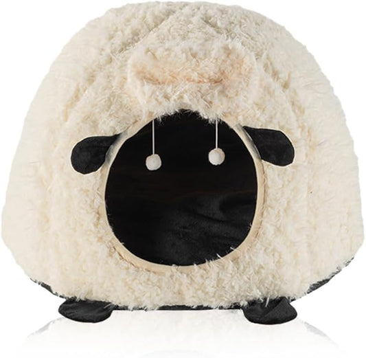 Cute Cat Bed Cave for Indoor Sheep Shaped Pet Plush House Self-Warming Nest Small Dogs Rabbits with Removable Cushion for Puppy Bed with Hanging Toy