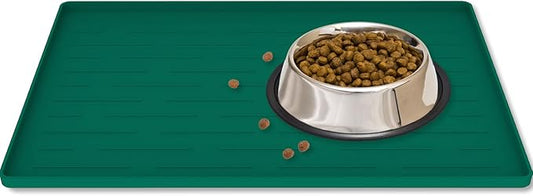 16"x10" Dog Food Mat, Silicone Dog and Cat Mats for Food and Water Bowls, Waterproof Raised Edge Pet Feeding Mat for Contain Spills Protects Floors, Multiple Colors & Sizes for Pets, Deep Green