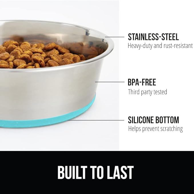 GORILLA GRIP Stainless Steel Metal Dog Bowl, Rubber Base, Heavy Duty Feeding Dish, Food Grade BPA Free, Less Sliding on Floors, Quiet Pet Bowl for Cats and Dogs, Holds 2 Cups (16 fl oz), Turquoise