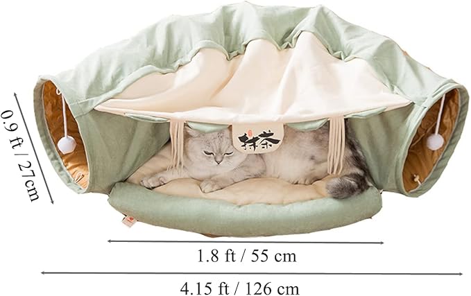 2 in 1 Cat Tunnel Bed Tube with Cushion and Plush Ball Toy Playground Crinkle Collapsible for Large Cats Kittens Kitty Puppy Small Dog Foldable Soft Pet Play Bed Indoor Outdoor - Green Cat Tunnel Bed