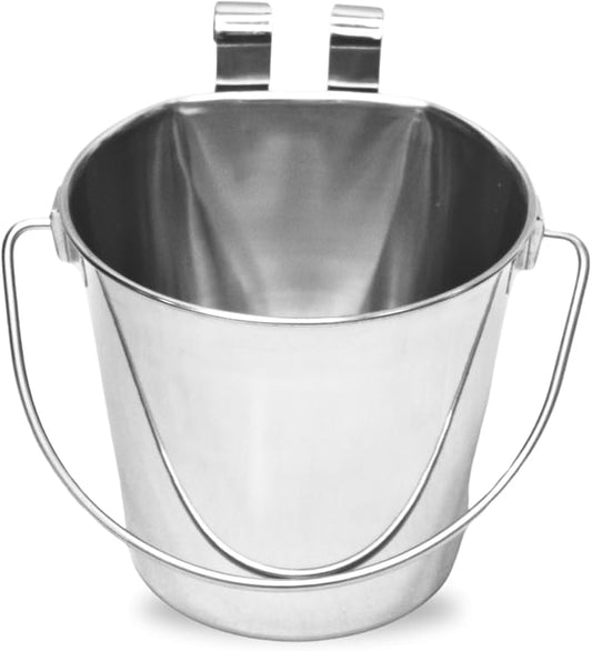 2 Quart Stainless Steel Flat Sided Pail with Dual Hooks | Hanging Bucket for Dog, Cat, Bird & Small Animals | Durable Food & Water Bowl Fits Kennels, Crates & Cages | Multipurpose Use