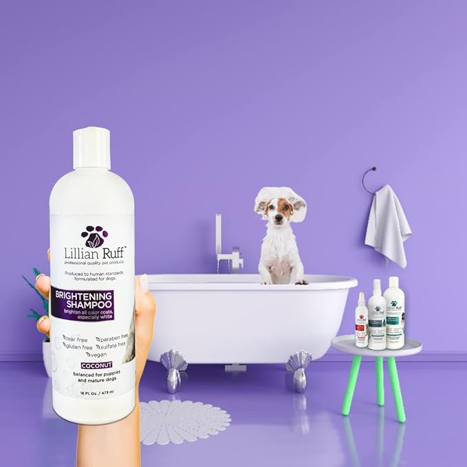 Lillian Ruff PRO Formula Ultra Brightening Dog Shampoo - Professional Whitening & Long-Lasting Odor Eliminator - Removes Stains & Discoloration, Dry Skin & Itch Relief with Aloe & Provitamin B5 (16oz)