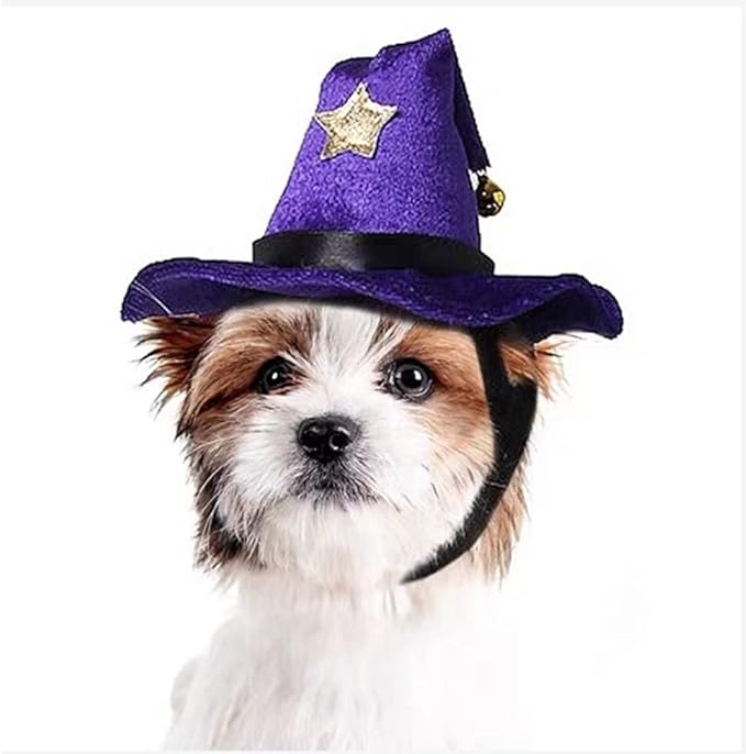 ANIAC Pet Halloween Costume Adjustable Magic Witch Hat with Bell Star Decor for Cats and Small Dogs Purple