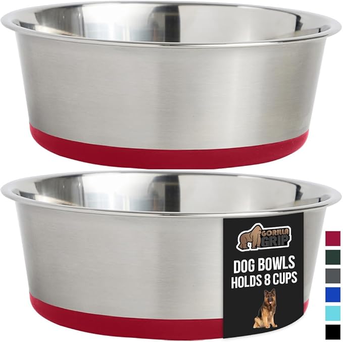 GORILLA GRIP Set of 2 Dog Bowls, Holds 8 Cups (64 fl oz), Heavy Duty Metal Food and Water Bowl for Feeding Dogs and Cats, Dishwasher Safe, Rust Resistant Stainless Steel, BPA Free Rubber Base, Red