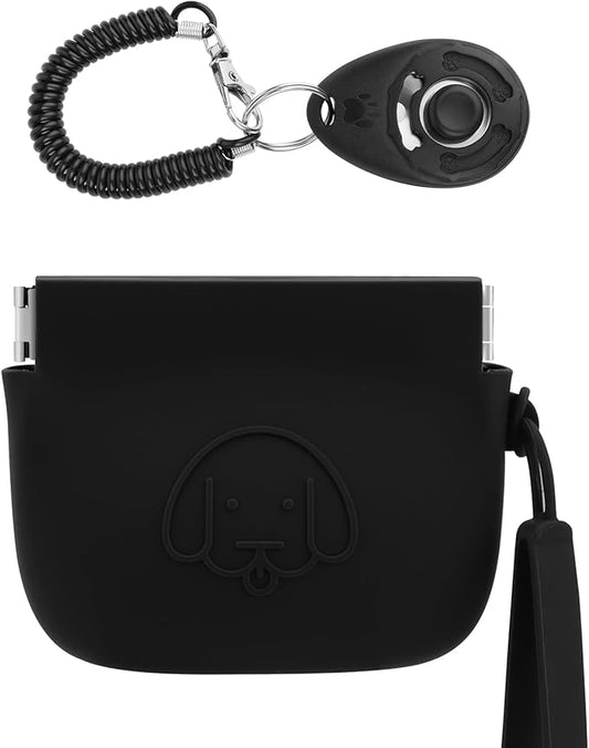 WALLFID Silicone Dog Treat Pouch, Auto Closure, with Pet Training Clicker, Walking Bag for Dog and Cat, Pocket Size, Easy to Clean, Odorless, Travel Bag (Black)