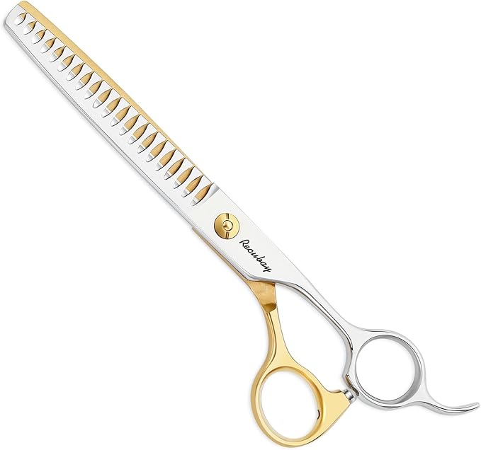 Dog Cat Scissors for Grooming, Pet Shears for Thick Coats and Matted Hair, Thinner Curved Straight Chunker Stainless Steel Shears (7.0" Chunker Gold-Silver)