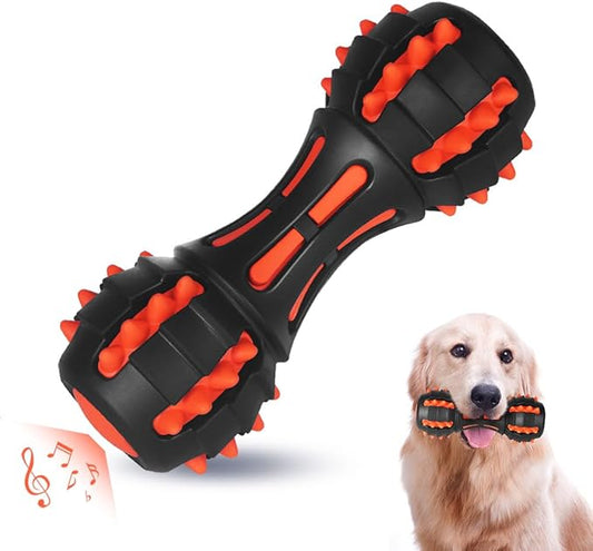 AUSCAT Teething Dog Toys, Durable Squeaky Dog Toys, Rubber Chew Toys for Dogs, Dumbbell Shape, Black