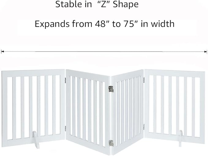 unipaws 24”H Free Standing Pet Gate for Dog Cat, Wooden Gates for Doorway, Stairs, Step Over Foldable Pet Fence for The House, Expandable Dog Barrier, Indoor Use, White