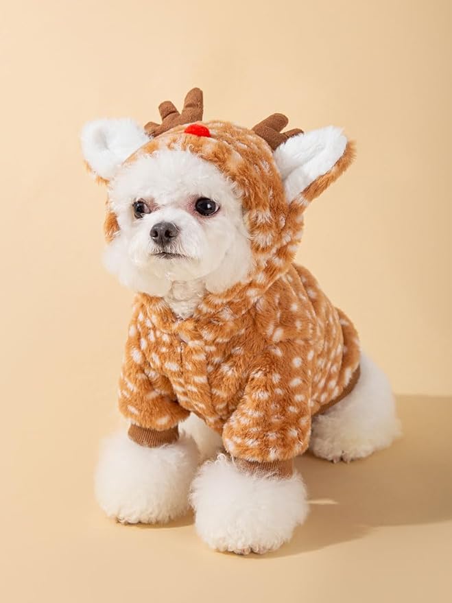 AZA Reindeer Dog Costume Fluffy Christmas Clothes Moose Coat Winter Pet Hoodies Puppy Girl Cute Coat Outfits for Small Dogs Costumes (S（Suitable：3.5lb-5.5lb）,Moose Brown)