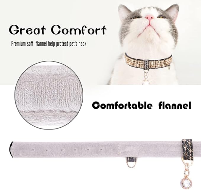 PetsHome Cat Collar, Dog Collar, [Bling Rhinestones] Premium PU Leather with Pendant Adjustable Collars for Cat and Small Dog Extra Small Black