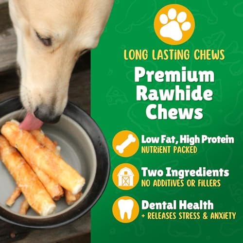 Chicken Wrapped Rawhide Dog Treats for Medium Dogs – 10ct. Rawhide Chew Sticks – Limited Ingredient Long Lasting Chews Made in The USA with Natural Chicken and Beef Hide Twists