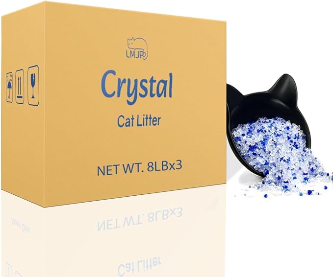 Crystal Cat Litter with Powerful Odor Control, Non-Clumping, Lasts Up to 6 Months, 24lb, Rapid Water Absorption, Unscented & Low Tracking Lightweight Blue & White Silica, 3 Pack of 8 lb